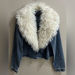 Y2K Style Denim Jacket With Detachable Faux Fur Collar Sz L Girly Trendy Winter